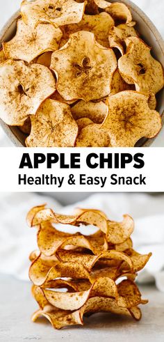 baked apple cinnamon chips in a bowl with text overlay that reads baked apple cinnamon chips healthy and easy