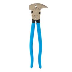 a pair of blue handled pliers on a white background