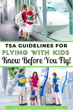 three children are playing with luggage at the airport and text reads tsa guidelines for flying with kids know before you fly