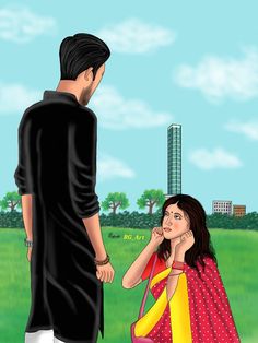 a man and woman standing next to each other in front of a green field with tall buildings