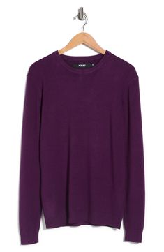 Pair this pullover sweater with any item in your closet for semi-casual style.Fit: this style fits true to size.- Crew neck- Long sleeves- Ribbed knit construction- Solid colorway- Approx. 28" length (size M)- Imported. Dry clean 50% nylon, 30% viscose, 20% polyester Purple Textured Knit Sweater For Fall, Purple Relaxed Fit Sweater For Fall, Purple Soft Knit Crew Neck Top, Textured Knit Crew Neck Sweater For Layering, Purple Relaxed Fit Long Sleeve Sweater, Purple Knit Tops For Layering, Purple Knit Crew Neck Top, Purple Knit Long Sleeve Sweater, Purple Long Sleeve Knit Sweater