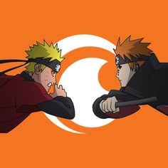 two anime characters facing each other in front of an orange background