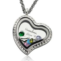 Our Engraved Floating Charms Locket- Allows You to Customize and Create the Perfect Personalized Gift for your Girlfriend, Best Friend, Mother, Daughter or Wife. Excellent Gift for Valentines Day, Anniversary, Birthday, Wedding or Any Occasion! Choose a heart with either "Mom" or "Grandma" on it as well as up to five stones inside the memory locket. Want to make this memory locket even more special? You can include an engraving on the disc inside the locket! Circle Locket, Infinity Necklace Silver, Mother Necklace Personalized, Necklace Circle, Floating Necklace, Family Tree Necklace, Round Locket, Memory Locket, Heart Locket Necklace