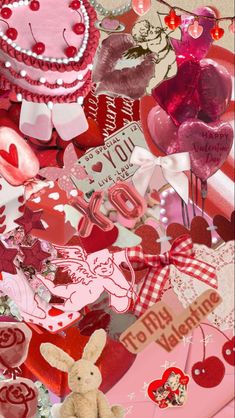 valentine's day collage with teddy bear, hearts, and other things on it