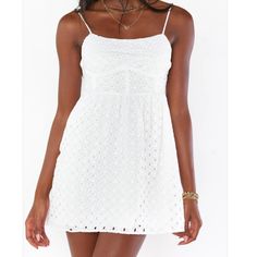 Perfect Mini Dress For Those Warmer Months.Lightweight Dress With Eyelet Embroidery And An Open Tie Back. 100% Cotton Lining - 100% Rayon. Lined. Open Back. 32 3/4" Shoulder To Hem Spring Sleeveless Broderie Anglaise Mini Dress, Sleeveless Broderie Anglaise Mini Dress, White Lace Mini Dress With Broderie Anglaise, Lined Lace Mini Dress For Summer, Spring Lace Mini Dress With Lining, Spring Lace Mini Dress Lined, White Broderie Anglaise Mini Dress For Beach, Lace Mini Dress With Broderie Anglaise, Spring Lace Sundress