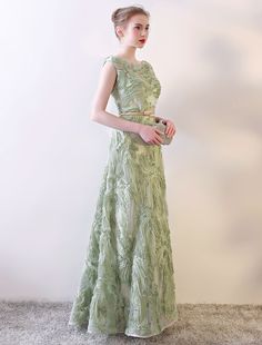 Eleagnt Evening Dresses Long Sage Green Embossment Fabric Texture Sleeveless A Line Floor Length With Sash Wedding Guest Dress-showprettydress Mother Of The Bride Dresses Long, Wedding Sash, Mothers Dresses