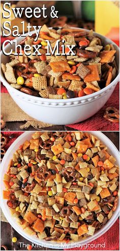 sweet and salty chex mix in a white bowl