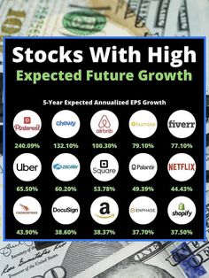 stacks of money with the words stocks with high expected future growth on top and below