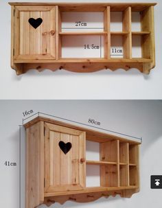 two wooden shelves with heart cutouts on the top and bottom, one showing measurements for each shelf