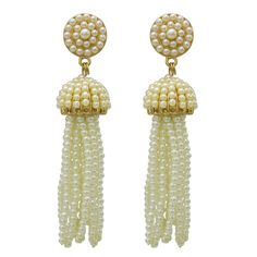 Looking for an amazing statement piece to add to your wardrobe? Bring some dynamic style to your accessory collection with these trendy handwoven earrings featuring a myriad of seed beads and stunning mother of pearl. Artistic and stylish, these beaded earrings are sure to be a conversation piece every time you wear them! Long post back dangle earrings measure 3.5 inches in length On trend design featuring tassel fringe of cream colored mini faux pearls. Pop art candy for your ears is sure to br Bohemian White Pearl Earrings, Bohemian White Dangle Pearl Earrings, Elegant Summer Tassel Chandelier Earrings, White Bohemian Dangle Pearl Earrings, Elegant Summer Chandelier Earrings With Tassels, Elegant White Summer Tassel Earrings, Bohemian White Pearl Beaded Earrings, White Pearl Beaded Bohemian Earrings, Chic White Beaded Earrings