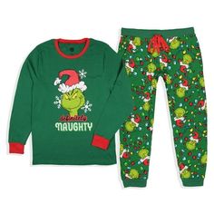 On the outskirts of Whoville lives a green, revenge-seeking Grinch who plans to ruin Christmas for all of the citizens of the town. This family How GRINCH Stole Christmas pajama sleep set-top features the character known as GRINCH with a funny saying beneath him. The pants feature a tossed print of his face and Christmas lights. The top has full sleeves for those long Christmas and winter nights, and both the pants and shirt have ribbed fabric for a no-slip feel at the ankles and wrists. The who Grinch Christmas Lights, Grinch Stuff, Pants And Shirt, Xmas Pajamas, The Grinch Stole Christmas, Family Pajama Sets, Halloween Pajamas, Christmas And Winter, Christmas Pajama Set