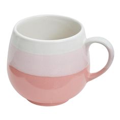 a pink and white coffee cup with stripes on it