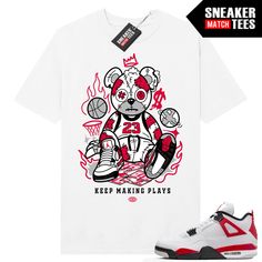 "Red Cement 4s Jordan matching shirt by Sneaker Match Tees brand. Official Sneaker Match Tees shirt designed to match the Jordan 4 \"Red Cement\" retro sneakers. *Sneakers are for matching purposes only, NOT included in the sale* True to size Men's shirt 100% Soft Cotton Regular Fit" Red Graphic Print Sneakers For Streetwear, White Cotton Sneakers With Graphic Print, 4s Jordans, Cement 4s, Jordan 4 Red, Sneaker Match Tees, Trendy Streetwear, Sneaker Tee, Jordan 13