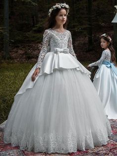 Flower Girl Dresses Jewel Neck Long Sleeves Embroidered Kids Party Dresses Spring Long Sleeve Dresses For Pageant, Long Sleeve Lace Princess Dress For Dress-up, Long Sleeve Princess Lace Dress, Princess Style Long Sleeve Lace Dress, Long Sleeve Lace Dress For Dress-up, White Long Sleeve Dress With Lace Bodice, Princess Style Long Sleeve Lace Gown, Princess Lace Dress With Long Sleeves, Long Sleeve Lace Princess Dress