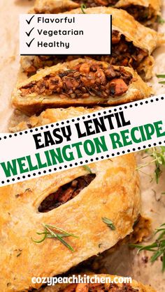 an easy lentil wellington recipe with text overlay