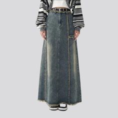 The 2023 Winter Collection brings you the perfect streetwear-style statement piece—our Sanded Denim Skirt! A perfect blend of vintage allure and today's spirited fashion pulse. this long. high-waisted skirt is designed to turn heads and bring out the boldest of fashionistas!Why This Skirt is an Absolute Must-HaveRetro meets modern in this timeless denim masterpiece. Its long silhouette and zipper & button closure make it a flattering statement piece that exudes confidence and style in any settin Denim Skirt Long, Womens Denim Skirts, Denim Skirt Women, Skirt For Women, Streetwear Style, Style Statement, Winter Collection, Suits You, Denim Women