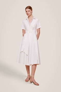 Megan Short Sleeve Tie-Front Midi Dress - Toccin Spring Short Sleeve Shirt Dress With Tie Fastening, Short Sleeve Shirt Dress With Tie Fastening For Spring, Elegant Midi Dress With Tie Fastening, Chic Tie Waist Midi Dress For Daywear, Elegant Summer Shirt Dress For Office, Elegant Summer Office Shirt Dress, Elegant Collared Dress With Tie Waist, Timeless White Spring Dresses, Feminine Short Sleeve Shirt Dress For Work