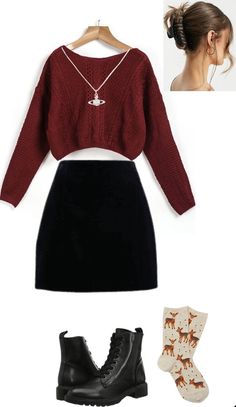 Black Skirt And Red Top Outfit, Fall Outfits Women College, Bronwyn Rojas Outfit, Dark Red Outfit Casual, Red Edgy Outfit, Red Hair Aesthetic Outfit, Girly Edgy Outfits, Cherry Outfit Ideas, Christmas Party Looks