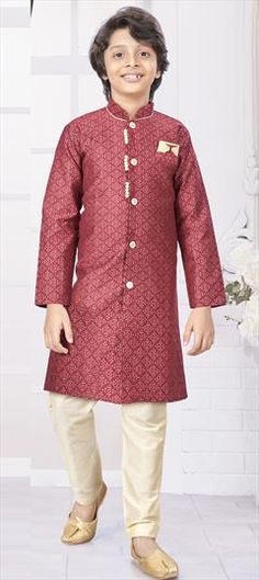 Red and Maroon color Boys Indo-Western in Jacquard fabric with Thread, Weaving work Red Brocade Kurta For Festive Occasions, Red Brocade Kurta For Festivals, Festive Red Brocade Kurta, Red Long Sleeve Traditional Wear With Traditional Patterns, Red Brocade Traditional Wear For Eid, Embroidered Red Brocade Set, Red Embroidered Brocade Set, Thread Weaving, Festive Red Brocade Fabric