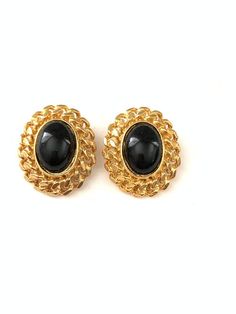 Vintage Gold Plated Black Jeweled Gripoix Look Cabochon Clip On Earrings, Chain Link Cabochon Clip EarringsThese earrings measure 1 1/4" x 1"They are in good condition and have clip on backs. All items such as boxes, coins, etc., in photos are NOT included with the jewelry, they are props being used for display. Important: Please read all shop policies prior to purchase.The below is a brief overview, to view full shop policies please go to the homepage of the shop and scroll to the bottom and th Earrings Chain, Sterling Silver Locket, Black Jewel, Large Jewelry, Silver Lockets, Clip Earrings, Simple Necklace, Star Charms, Matte Gold