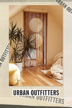 an advertisement for urban outfitters featuring a plant in a room with wooden floors and curtains