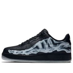 The Nike Air Force 1 07 Low Skeleton QS is the perfect shoe for Halloween. Dressed up in black leather with anatomical airbrushing for effect, this iteration of the iconic 1982 Nike hoops shoe glows in the dark, with its tarsal-bone graphics shining bright after the sun goes down. Bringing back the low-profile comfort of the original, it consists of supportive overlays, soft cushioning and durable rubber traction. Ideal for trick-or-treating, this shoe will make sure you stand out from the rest. (AF1/SNKR/Skate/Unisex/Low Top) Leather Custom Sneakers With Air Cushioning For Streetwear, Black Custom Sneakers With Translucent Outsole For Streetwear, Nike Air Force 1 With Translucent Outsole For Streetwear, Black Leather Custom Sneakers With Translucent Outsole, Nike Air Force 1 Leather For Streetwear, Urban Black Custom Sneakers With Translucent Outsole, Black Leather Custom Sneakers With Air Cushioning, Nike Air Force 1 Black For Skateboarding, Black Nike Air Force 1 Fade-resistant For Streetwear