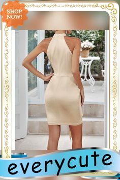 Apricot Halter Slim Tie Waist Bodycon Dress Apricot Sleeveless Mini Dress For Party, Apricot Mini Dress For Party, Beige Stretch Sheath Mini Dress, Beige Backless Bodycon Dress For Spring, Backless Beige Bodycon Dress, Beige Bodycon Backless Dress, Fitted Backless Beige Mini Dress, Fitted Beige Backless Mini Dress, Beige Bodycon Halter Neck Dress