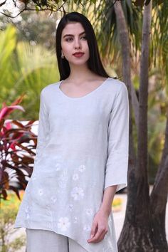 Shop for Linen Bloom Blue Linen Asymmetric Tunic for Women Online at Aza Fashions Asymmetric Tunic, Tunics Online, Buy Linen, Womens Tunics, Not For Sale, Aza Fashion, Three Quarter, Tunics, Sky Blue