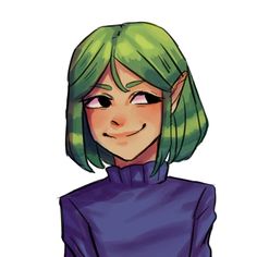 a drawing of a woman with green hair and black eyes, wearing a purple turtle neck top