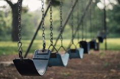 several swings in a park with trees and grass behind them, one swing is empty