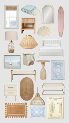 an assortment of furniture and decor items arranged in the shape of a collage on a white background