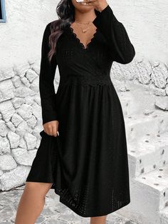 Plus Size Solid Color V-Neck Lace Patchwork Wrap Elegant Long Sleeve Dress Black Elegant  Long Sleeve Fabric Plain A Line Medium Stretch  Women Plus Clothing, size features are:Bust: ,Length: ,Sleeve Length: Long Sleeve Dress Black, Sports Jackets Women, Lace Patchwork, Black Long Sleeve Dress, Collars For Women, Long Sleeve Bodycon Dress, Kids Sleepwear, Inspiration Mode, Plus Clothing