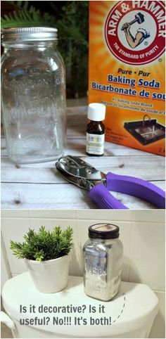 a jar with baking soda and scissors next to it