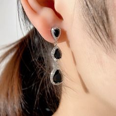 Long Fashionable Dangle Earrings In Clear And Black Cz Stones. #Fashionjewelry #Earrings #Dangleearring #Dropearrings #Fashionearrings Black Dangle Teardrop Earrings For Party, Black Drop Teardrop Earrings For Party, Black Teardrop Drop Earrings For Party, Black Teardrop Earrings For Party, Black Single Earring For Wedding, Formal Black Crystal Dangle Earrings, Elegant Black Crystal Earrings In Sterling Silver, Elegant Black Teardrop Earrings In Sterling Silver, Elegant Black Sterling Silver Teardrop Earrings