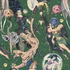 an image of a woman surrounded by other women and animals in space with stars, planets, and moon phases