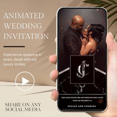 a person holding an iphone in their hand with the text, animated wedding invitation experience in every detail with our luxury notes