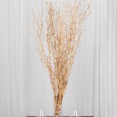 two wine glasses sitting on top of a wooden table next to a vase with dry branches in it