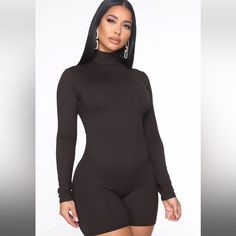 Shorter Than Biker Shorts. Stretchy Material. Never Worn Black High Waist Jumpsuits And Rompers For Fall, Black High-waist Jumpsuits And Rompers For Fall, Casual Black High Waist Bodysuit, Brown Romper, Stephanie Rao, Romper Long Sleeve, Doll Wardrobe, Fashion Bottoms, Romper Black