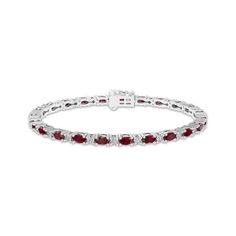 Fiery oval-cut lab-created rubies gleam in sterling silver links across this charming bracelet for her. Dainty white lab-created sapphire accents add extra allure. Measuring 7.25 inches, the bracelet secures with a box clasp. Neil Lane Engagement Rings, Pearl Diamond Jewelry, Diamond Band Engagement Ring, Cross Jewelry Necklace, Eternity Ring Gold, Fan Jewelry, Bracelet For Her, January Birthday, Diamond Wedding Rings Sets