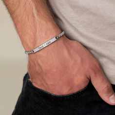 "Looking for a gift for your man? You've found the perfect item for this!  Introducing our eye-catching and stylish custom stainless steel bar bracelet designed exclusively for men. This sleek accessory is available in three timeless colors: silver, gold, and black. Expertly crafted from premium-grade stainless steel, this bracelet showcases both durability and sophistication. With its customizable bar pendant, you can add initials, a special date, or a meaningful word, making it the perfect personalized gift for yourself or a loved one. The adjustable chain ensures a comfortable fit, while the secure lobster clasp ensures it stays securely on your wrist. Elevate your style with this contemporary and versatile bar bracelet that exudes both modern charm and timeless appeal. Waterproof Brace Personalized Rectangular Bracelets For Father's Day, Engraved Rectangular Bracelets For Friendship, Father's Day Stainless Steel Bracelets With Engraving Option, Father's Day Engraved Stainless Steel Bracelets, Father's Day Stainless Steel Engraved Bracelets, Father's Day Gift Bracelets With Engraved Text, Father's Day Engraved Wristband, Minimalist Engraved Name Bracelet For Father's Day, Father's Day Gift Bracelet With Engraved Text