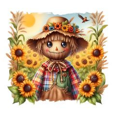 a painting of a scarecrow with sunflowers