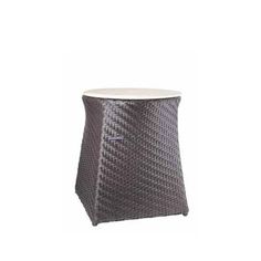 an outdoor side table with a white top and grey wicker pattern on the sides