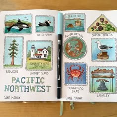 an open book with pictures of different things on it and the words pacific northwest written in black ink