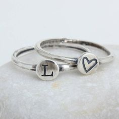 Set of Two Silver Stack Initial Rings by Nelle and Lizzy. Bff Rings, Letter Rings, Birthstone Band, Initial Rings, Gift Letter, Rings Minimalist, Mother's Ring, Couples Ring, Stack Rings