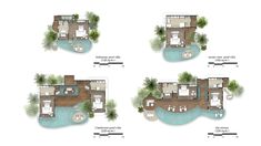 three floor plans for a house with swimming pool and outdoor living area in the middle