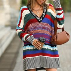 Striped V Neck Loose Sweater Dress, Casual Long Sleeve Drop Shoulder Dress, Women's Clothing Loose Sweater Dress, Drop Shoulder Dress, Dress Casual Long, Sweater Dress Casual, Loose Sweater, Drop Shoulder, Shoulder Dress, Sweater Dress, Casual Dresses