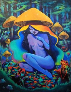 a painting of a naked woman sitting in the forest with mushrooms on her head and other colorful creatures around her