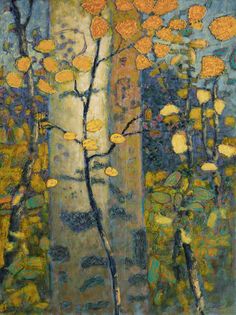 an abstract painting of trees with yellow leaves