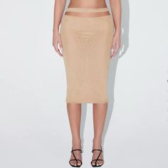 Shade- Nude. Mesh. Stretchy. Cut Out Waist. Hits Below Knee. Fitted. New W/Tag. Size S. Light Yellow Skirt, Tan Midi Skirt, Black Bodycon Skirt, Sheer Midi Skirt, Long Denim Skirt, Yellow Skirt, Stretch Skirt, Printed Midi Skirt, Floral Midi Skirt