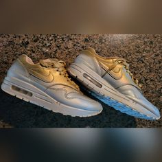 They Are Actually Size 7.5 But If You Are Normally A Size 7, They Will Fit Perfect. Gently Worn, Clean. Nike Gold, Nike Air Max 1, Air Max 1, Gold Platinum, Metallic Gold, Air Max, Nike Air Max, Nike Shoes, Nike Women